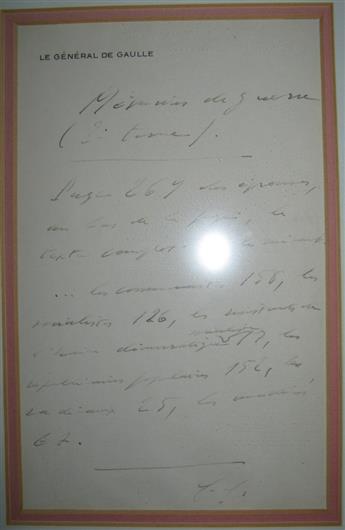 DE GAULLE, CHARLES. Autograph Letter Signed, twice (C. de Gaulle and C.G.), as President, to an unnamed editor, in French,